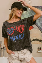 Mineral Washed Distressed Graphic Tee with July Theme Heart Sunglasses Woman T Shirts