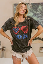 Mineral Washed Distressed Graphic Tee with July Theme Heart Sunglasses Woman T Shirts
