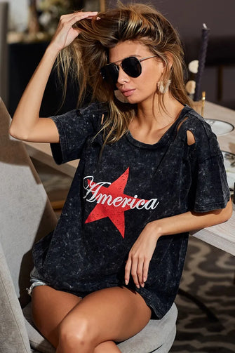 Mineral Washed Laser Cut Black T Shirt with Red Star for Women BLACK CHARCOAL