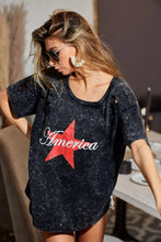 Mineral Washed Laser Cut Black T Shirt with Red Star for Women