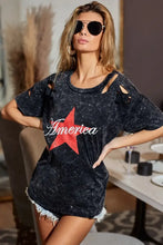 Mineral Washed Laser Cut Black T Shirt with Red Star for Women Woman T Shirts