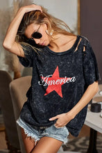 Mineral Washed Laser Cut Black T Shirt with Red Star for Women Woman T Shirts