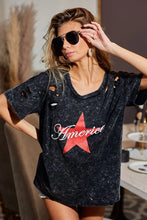 Mineral Washed Laser Cut Black T Shirt with Red Star for Women