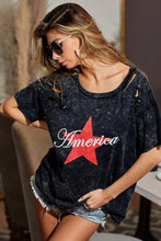 Mineral Washed Laser Cut Black T Shirt with Red Star for Women Woman T Shirts
