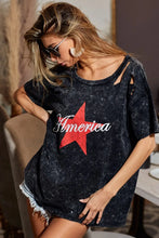 Mineral Washed Laser Cut Black T Shirt with Red Star for Women