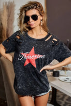 Mineral Washed Laser Cut Black T Shirt with Red Star for Women Woman T Shirts