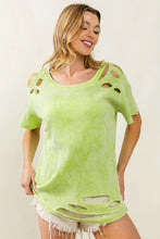 Mineral Washed Loose Fit Laser Cut Waffle Knit Top for Women NEON GREEN