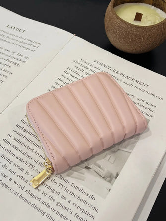 Mini PU Leather Quilted Wallet with Gold Zipper Blush Pink One Size