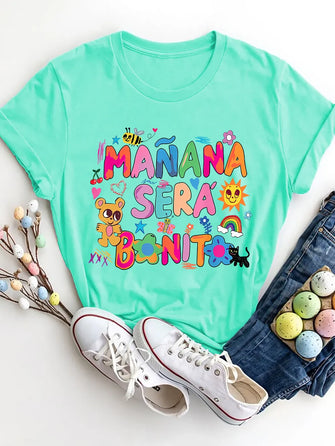 Mint Green Cartoon Graphic T-Shirt for Women Aqua