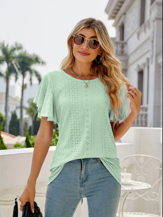 Mint Green Eyelet Flutter Sleeve Top for Women Gum Leaf