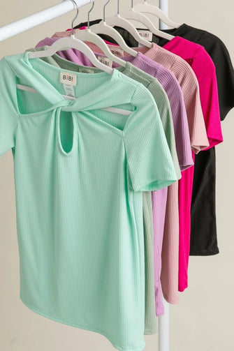 Mint Green Rib Knit Top with Front Twist Detailed Cut Out Design MINT