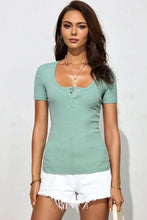 Mint Green Ribbed Knit Short Sleeve Henley T Shirt for Women Light Green Woman T Shirts