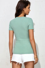 Mint Green Ribbed Knit Short Sleeve Henley T Shirt for Women Woman T Shirts