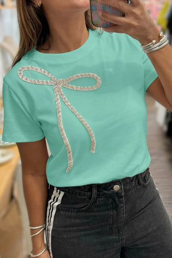 Mint Green Round Neck T Shirt with Rhinestone Bow for Women Tiffany Blue