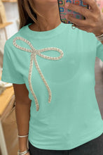 Mint Green Round Neck T Shirt with Rhinestone Bow for Women