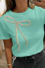 Mint Green Round Neck T Shirt with Rhinestone Bow for Women