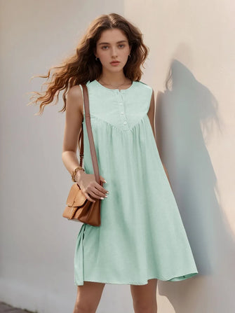 Mint Green Sleeveless Buttoned Ruched Dress Light Green