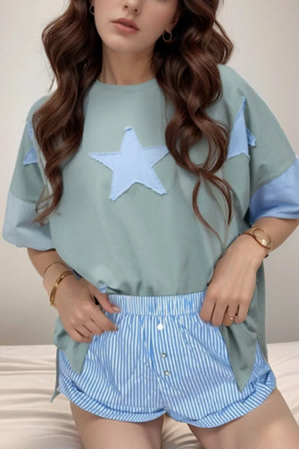 Mint Green Star Patched Oversize Pajama Set for Women Sage