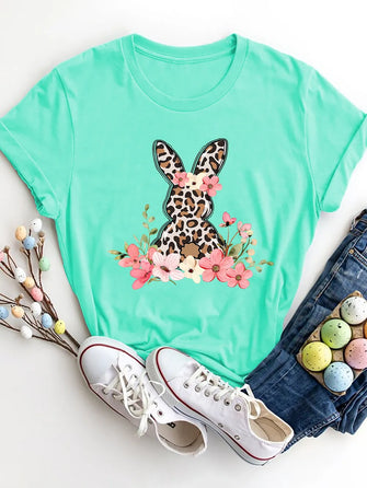 Mint Green T-Shirt with Leopard Print Bunny and Floral Design Aqua