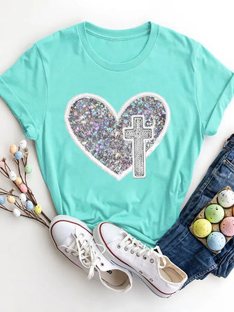 Mint Green Turquoise Glitter Heart Cross Basic Polyester T-Shirt for Women Aqua