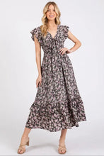 Mittoshop Flower Print Ruffle Cap Sleeve V-neck Midi Dress BLACK Casual Dresses