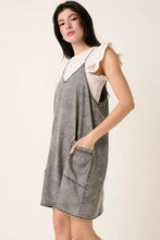 Gray denim mini cami dress with washed patch pockets and white ruffled shoulder overlay by mittoshop