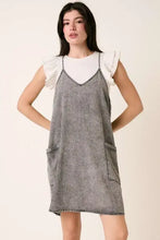 Gray denim mini cami dress by mittoshop with white ruffled shoulder overlay and front patch pockets