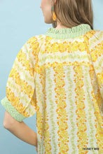 Mix print boho blouse in honey yellow and green floral with vertical stripes ruffled neckline and cotton blend fabric