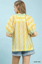 Yellow and green floral-striped mix print boho blouse with ruffled collar and cuffs and contrast trim