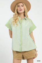 Mixed gingham short sleeve blouse in light green and white with ruffled sleeves perfect for casual wear