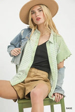 Mixed gingham short sleeve shirt in light green and white herringbone pattern with frayed sleeves button-up design