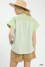 Mixed gingham short sleeve sage green and white gingham blouse with ruffled sleeves perfect for casual wear