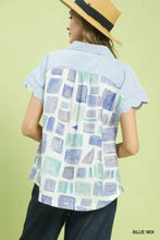 Mixed media blouse shirt features blue and white stripes with geometric hand-drawn shapes on an off-white background