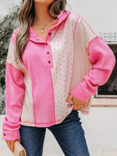 Mixed texture waffle floral patchwork hooded oversize pullover with pink cream color block slightly stretchy waffle knit