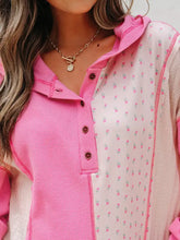Mixed texture waffle floral patchwork hooded oversize pullover in vibrant pink and white with slightly stretchy waffle-knit and care instructions
