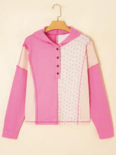 Mixed texture waffle floral patchwork hooded pullover in vibrant pink and cream with slightly stretchy ribbed floral patchwork