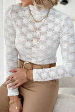 White mock neck long sleeve lace top in delicate white fabric