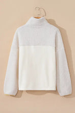 White mock neck long sleeve sherpa sweatshirt, two-tone fuzzy design