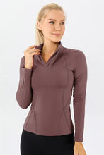 Mauve mock neck quarter zip active long-sleeved T-shirt with ribbed cuffs
