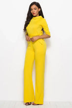 Bright yellow mock neck tie-waist half sleeve jumpsuit