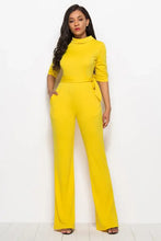 Bright yellow mock neck tie-waist half sleeve jumpsuit with belt