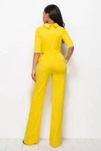 Bright yellow mock neck tie-waist half sleeve jumpsuit with belt