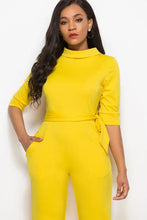 Bright yellow mock neck tie-waist half sleeve jumpsuit