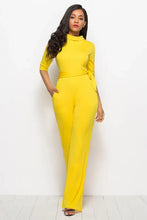 Bright yellow mock neck tie-waist half sleeve jumpsuit