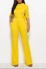 Bright yellow mock neck tie-waist half sleeve jumpsuit