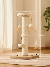 Modern plush cat tree with beige sisal globe, pom-poms and natural wood base