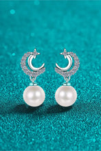 Moissanite pearl drop earrings in sterling silver with crescent moon and star design