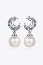 Elegant sterling silver moissanite pearl drop earrings with crescent moon and star design