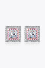 Moissanite square stud earrings in sterling silver with pink halo