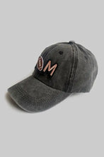 Distressed dark gray mom baseball cap with embroidered football and M